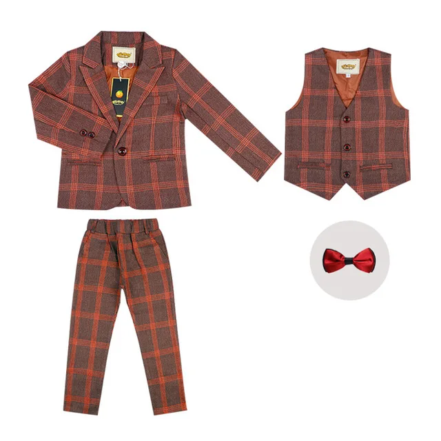 C khaki 3pcs Комплект модной одежды для мальчиков на свадьбу, детский клетчатый Блейзер, жилет брюки костюм, комплект с цветочным рисунком, деловой костюм для мальчиков смокинг, школьный праздничный костюм - Цвет: C khaki 3pcs
