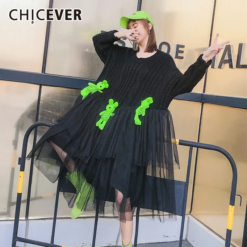 CHICEVER Лоскутная Сетка мультфильм вязаный свитер для женщин О-образный вырез с длинным рукавом нерегулярные свободные пуловеры женские модная одежда