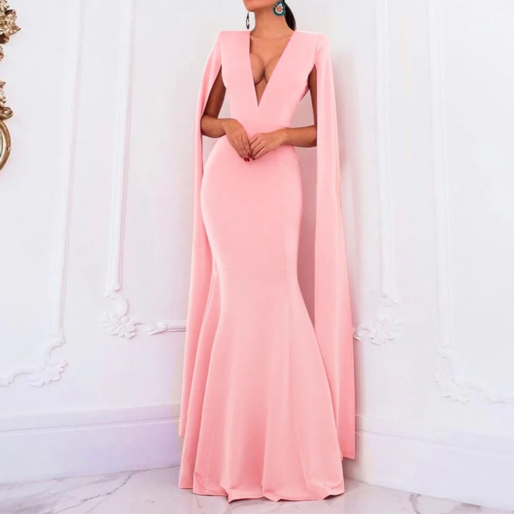 

Pink Evening Dresses Sexy Elegant V Neck Long Sleeves Floor Length Long Party Formal Mermaid Evening Dress