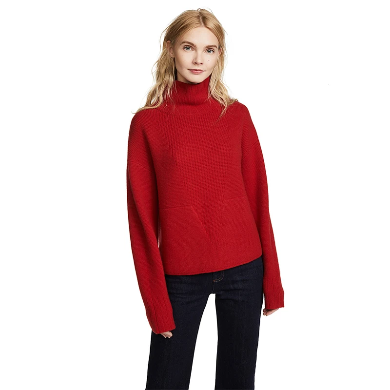 

High Neck Side Pocket Cashmere Sweater Knitted Simple Elegant New Ladies Autumn Solid Color Warm Sweater