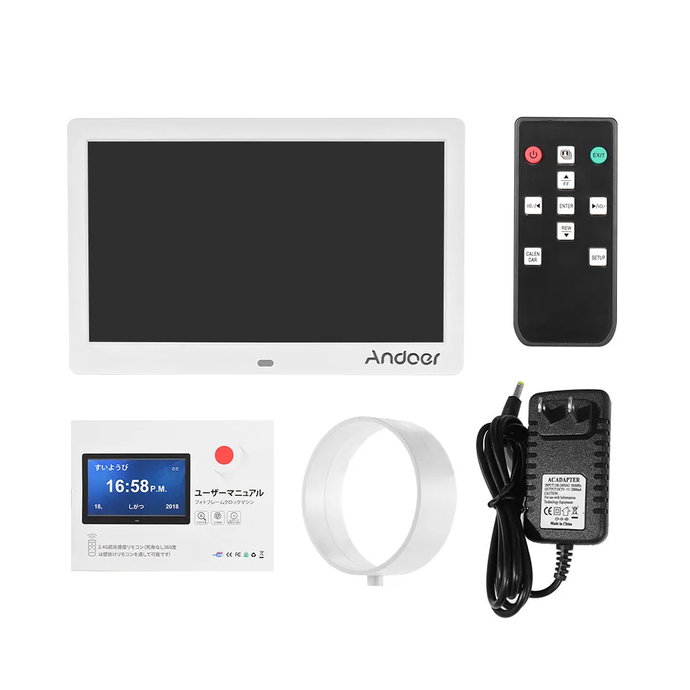 Andoer 10 дюймов 1024*600 ips цифровые часы будильник календарь и фоторамка с 2,4G Ультра-чувствительный пульт дистанционного управления - Цвет: White