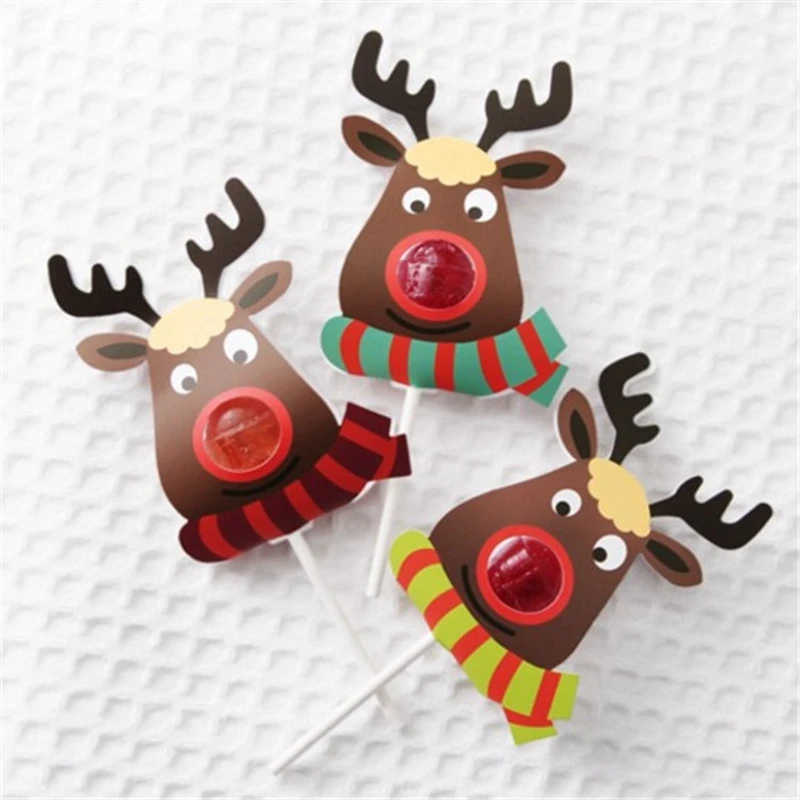 50Pcs Christmas Elk Deer Lollipop Stick Candy Chocolate Paper Xmas Party Gifts 