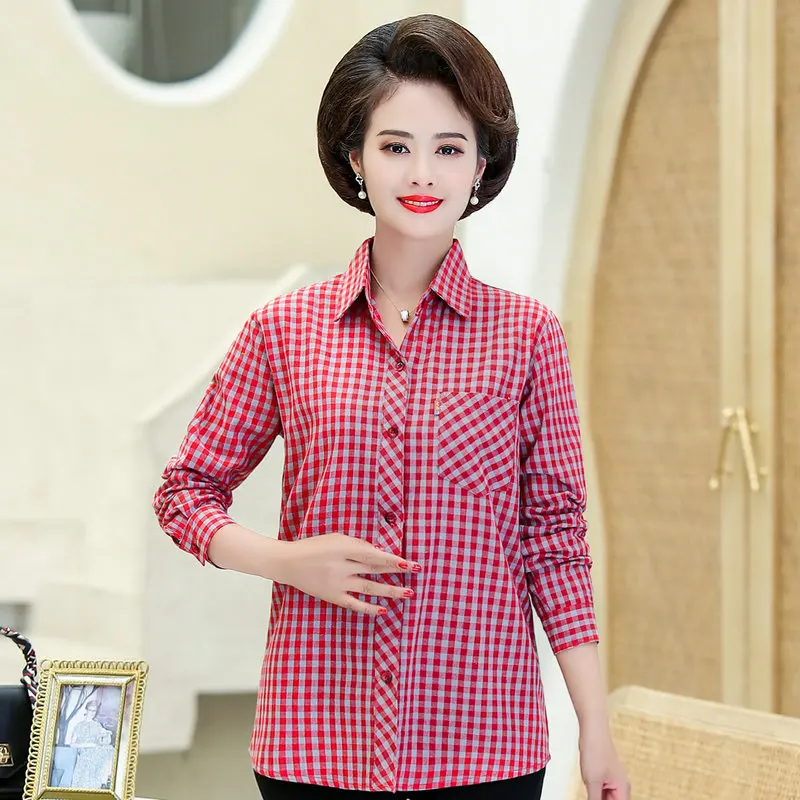 

Autumn Plaid Cotton Shirt Women Multicolor Checked Pattern Tops For Middle Aged Woman Causal Clothes Plus Size Shirts Mother New