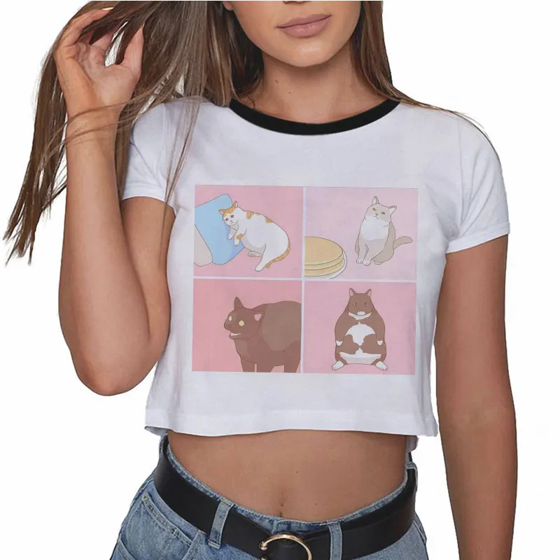 Corriee Crop Top Women Teen Girl Cute Cat Print O-Neck Patchwork Pullover Blouse Sweatshirt 