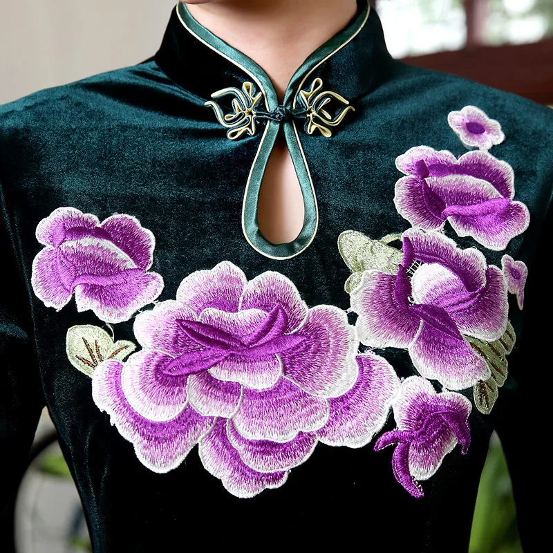 Китайское традиционное женское платье Cheongsam, пуговицы ручной работы, зеленый воротник, сексуальное платье cheongsam