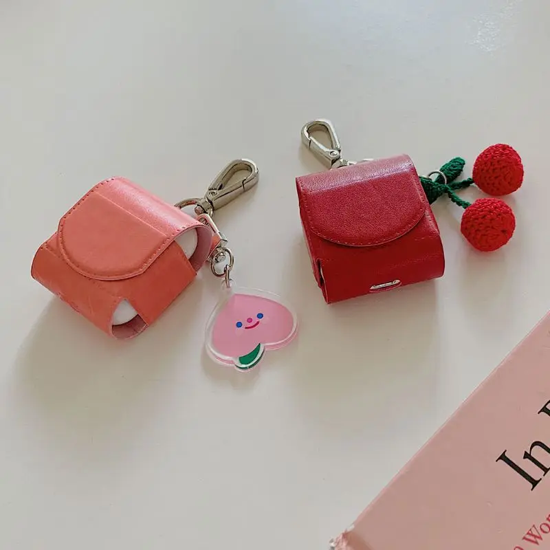 Кожаный роскошный защитный чехол с вишневым персиком для наушников Apple AirPods