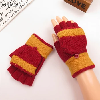 

Gloves Women Patchwork Simple Kawaii Student Girls Striped Korean Style Winter Knitted Warm Thicker Finger-less Soft All-match