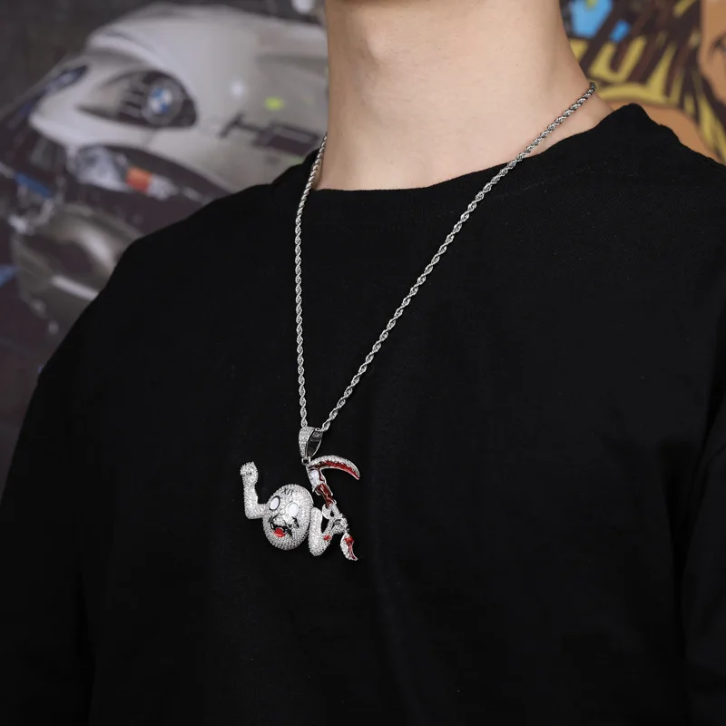 AAA+ Кубического циркония вымощенный Bling из личности смерть Мрачный Жнец косой Подвески Цепочки и ожерелья для Для мужчин в стиле хип-хоп, ювелирные изделия