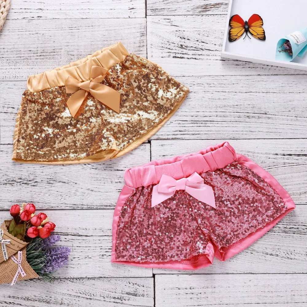 Летние модные шорты для маленьких девочек праздничные брюки с бантом и блестками