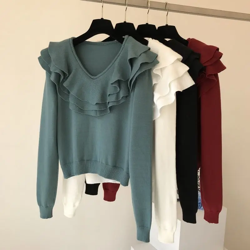 ALPHALMODA осень зима модный свитер с оборками и v-образным вырезом с длинным рукавом Женский Повседневный однотонный вязаный джемпер зимний топ