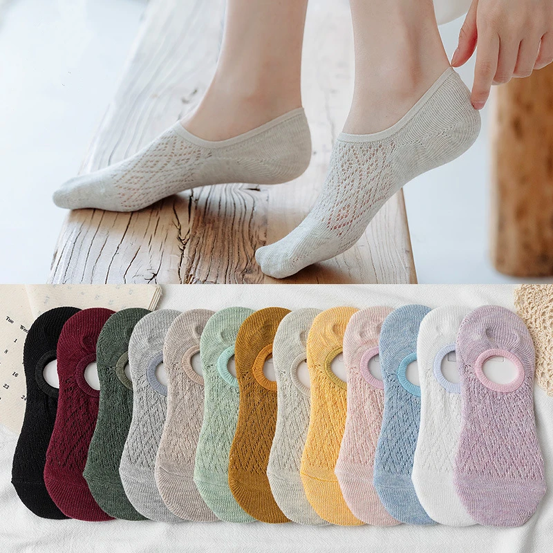 

11 Colours Fashion Women Non-Slip Silicone Invisible Boat Socks Solid Color Female Casual Summer Cotton One Size Mesh Ankle Sock