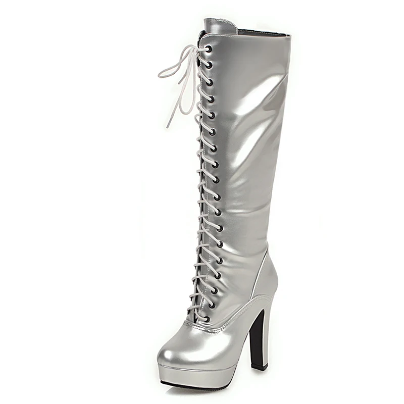 ANMAIRON PU Knee-High Round Toe Boots Women Super High Square Heel Winter shoes Zip Cross-tied Thigh High Boot Solid Short Plush - Цвет: Silver