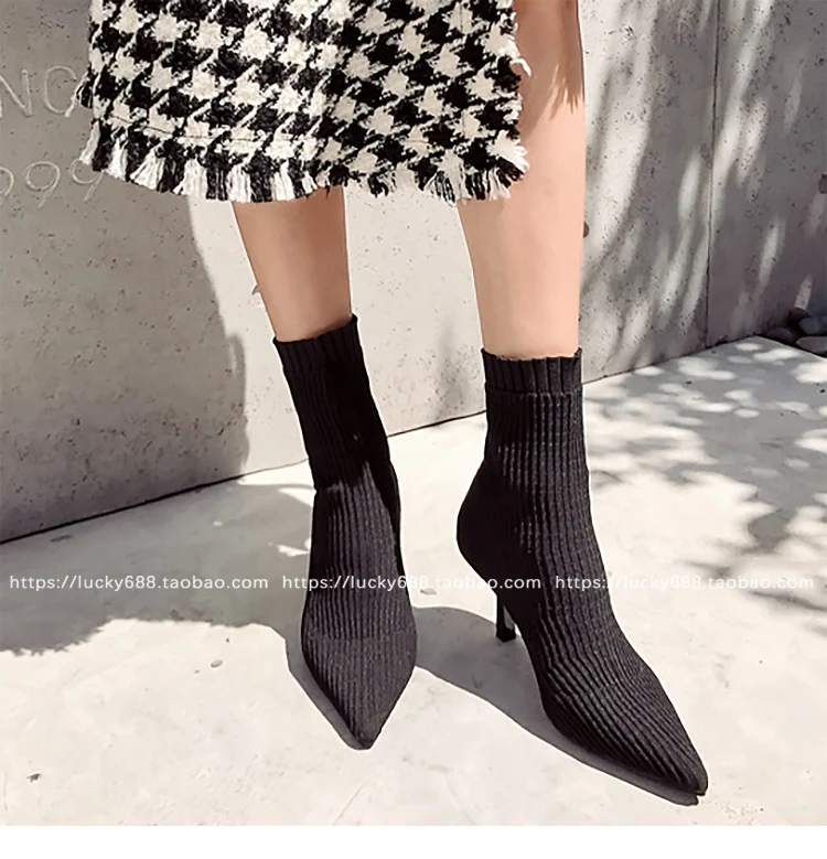 Носки Botines mujer г. Эластичные шерстяные вязаные сапоги на среднем каблуке женские зимние ботинки челси на шпильке фиолетовые ботинки