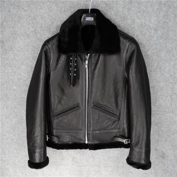 

Fur Lambs Wool Men Genuine Leather Clothes Retro Sheep Skin Classic B3 Winter Warm Fold-down Collar