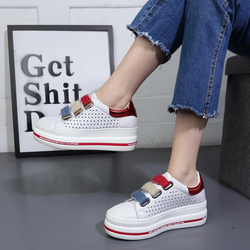 

2019 Spring New Style WOMEN'S Shoes Versatile Casual Shoes Genuine Leather Elevator White Shoes Velcro Thick Bottomed Shoes