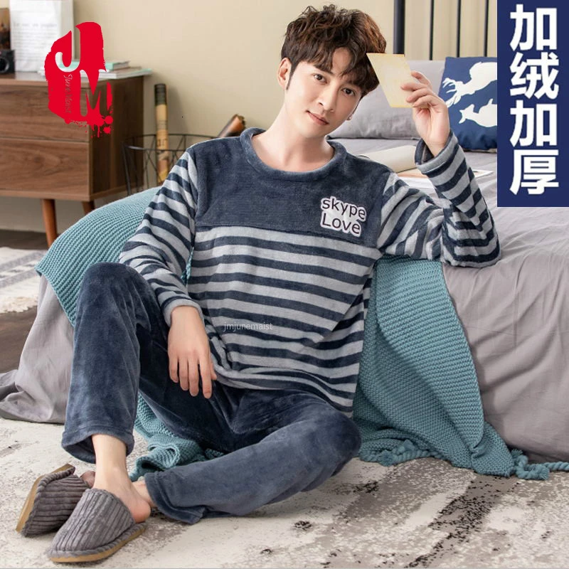 men pajamas winter Зимние фланелевые пижамные комплекты для мужчин с длинным рукавом, толстые теплые коралловые бархатные Мультяшные пижамы, костюм для дома, домашняя одежда размера плюс 4XL - Цвет: men pajamas winter