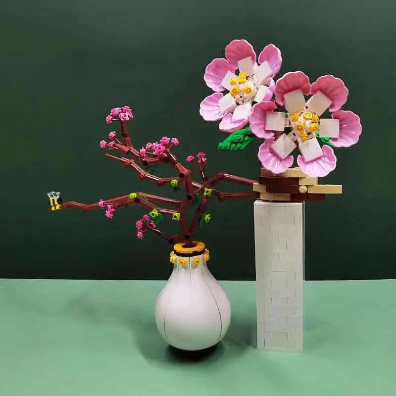 New Bouquet Building Blocks Household Bonsai Plant Plum Potted Model Ornaments Assembling DIY 