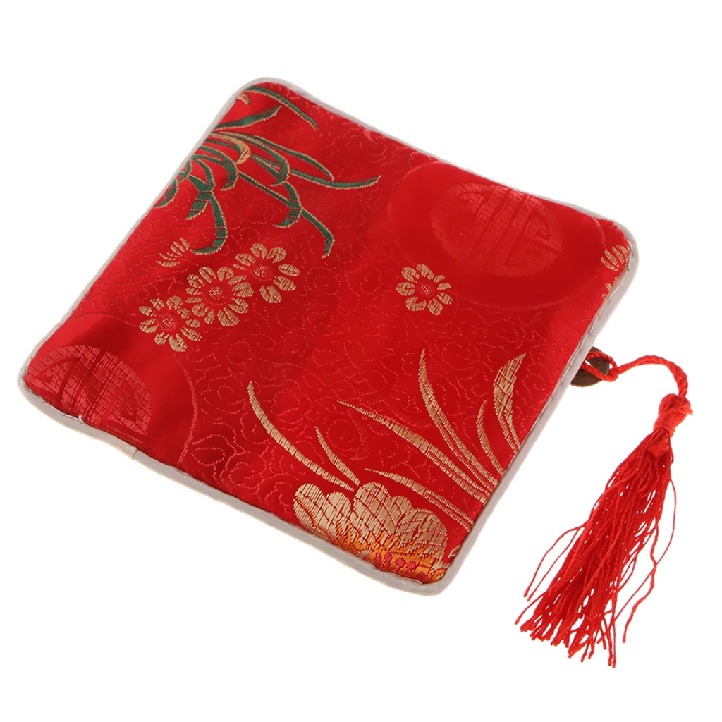 Vintage Guzheng Nail Tape Bag Pouch Chinese Element Silk Brocade Purse with Tassel Decor