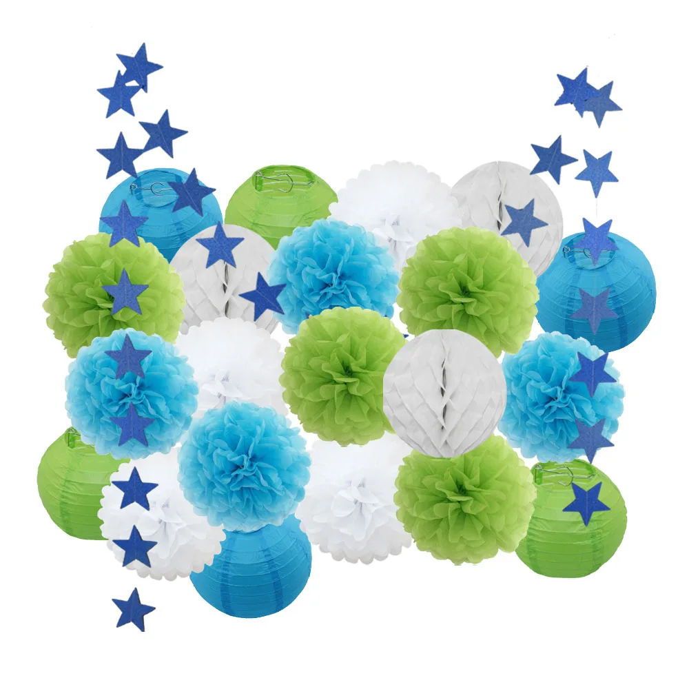 green blue set Для маленьких девочек украшение для детей 22 шт./компл. цвета: розовый, бежевый, голубой комплект круглый Бумага Фонари детей крещение украшения вечерние пользу висит Изделия из бумаги - Цвет: green blue set