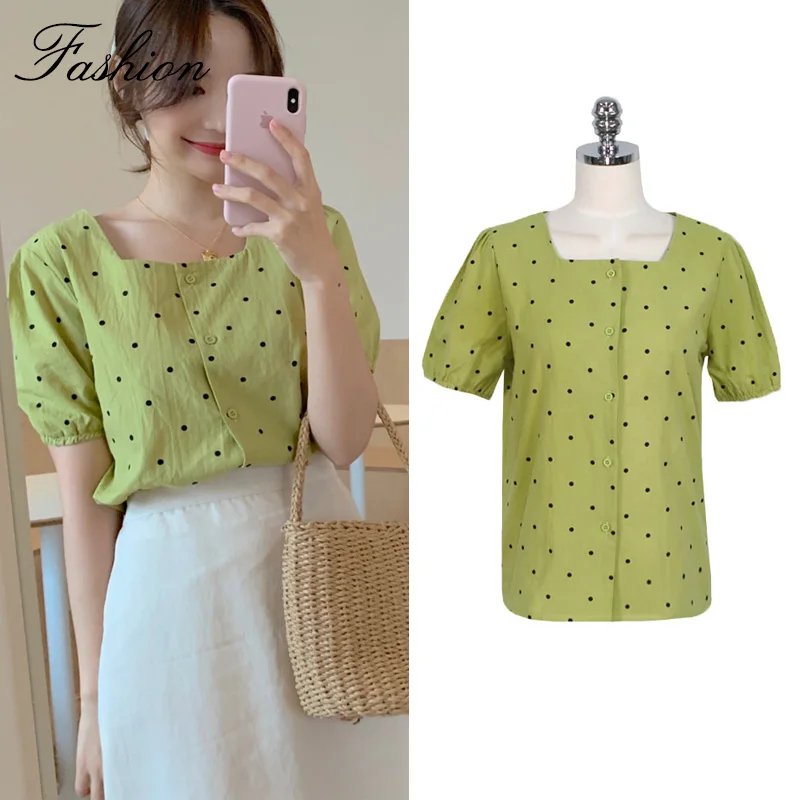2019 летняя корейская модная блузка туника рубашка в горошек с пуговицами женские