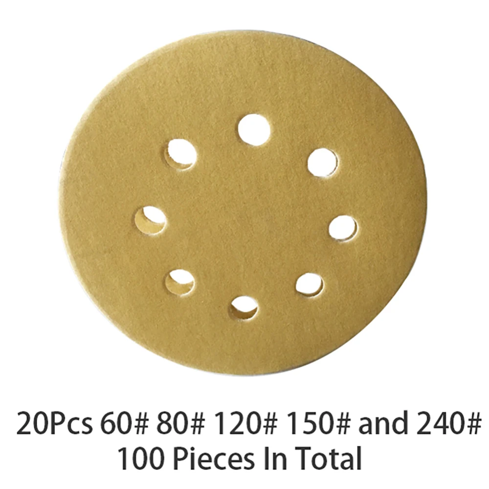 100pcs 5 Inch 8 Holes Round Hook Loop Sanding Discs Aluminium Oxide Orbit Sandpaper Mat 60/80/120/150/240 Grit Durable Grinding