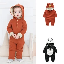 Barboteuse tricotée avec des animaux mignons pour enfants, combinaisons pour garçons et filles, vêtements chauds pour enfants, automne et hiver 