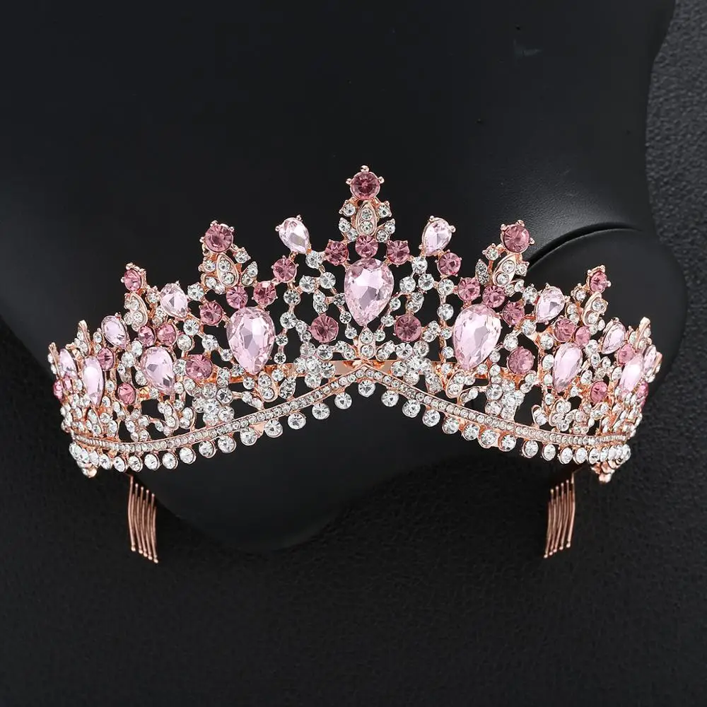 Pink With Comb Барокко бронза черный зеленый кристалл свадебная корона-Тиара Винтаж Стразы диадема для невест ободки свадебные аксессуары для волос - Окраска металла: Pink With Comb