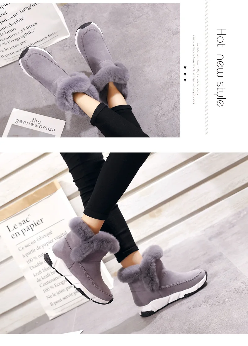 Boots Women Winter Flock British Style Ankle Snow Boot Faux Fur Casual Warm Plush Shoes Womens Rubber Slip-On Wedges Fashion