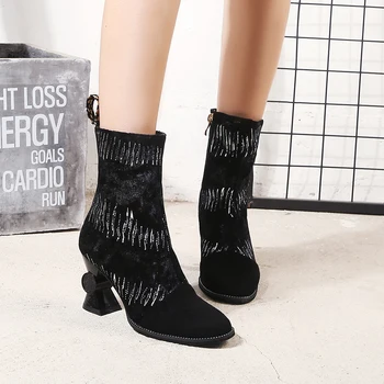 

Ankle boots for women autumn and winter boots women Round toe Zipper High Heel booties female shoes Gold Silver Black size 34-44