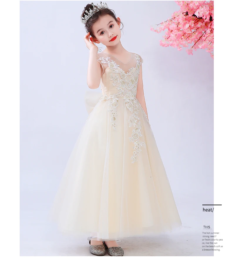 V-neck Sleeveless Ball Gown Floor-length Champagne Flower Girl Dresses Luxury Appliques Princess Tulle Girls Pageant Dresses