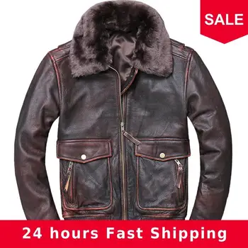 

2020 Vintage Brown Men UASF Pilot Leather Jacket Large Size 5XL Wool Collar Genuine Thick Cowhide Winter Military Aviator Coat