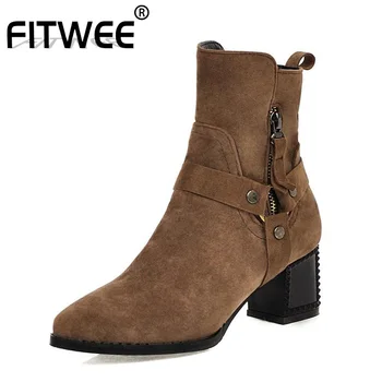 

FITWEE Women Ankle Boots New Fashion Zipper High Heels Short Boots Winter Add Fur Warm Casual Party Footwear Size 31-43