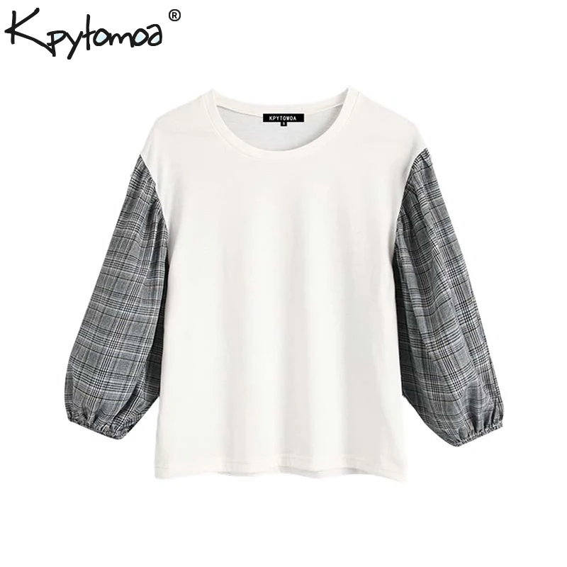 

Vintage Stylish Patchwork Plaid Tops Women Blouses 2019 Fashion O Neck Lantern Sleeve Ladies Shirts Casual Blusas Mujer