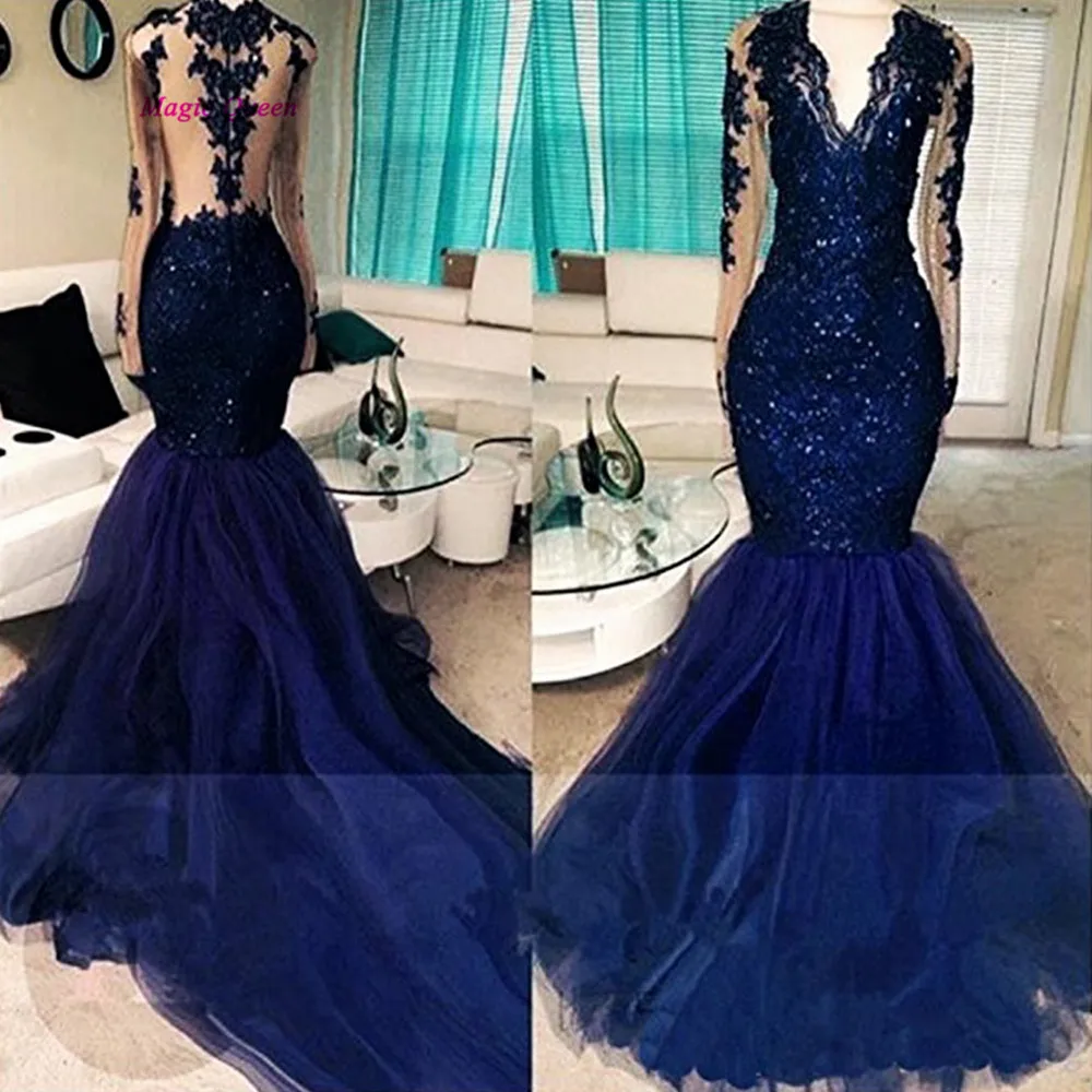 Тёмно-синий Robe de Soiree Longue темно-синие стильные вечерние платья с длинным рукавом, кружевное женское платье русалки для выпускного вечера, пышное платье, вечерние lllusion - Цвет: Тёмно-синий
