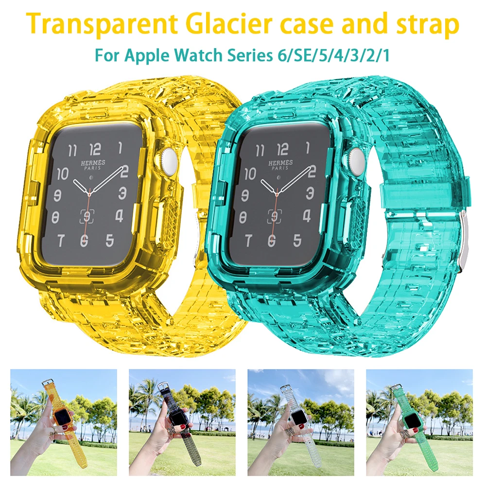 

Transparent Resin Silicone Strap For Apple Watch 6/SE/5/4 42MM 44MM Glacier Protective Shell For iwatch3/2/1 38MM 40MM Wristband