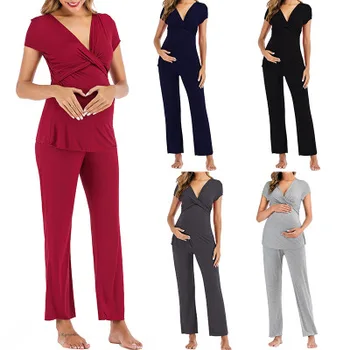 

New maternity wear pajamas spring and summer cotton comfortable maternity pregnancy lactation feeding pure color home service se