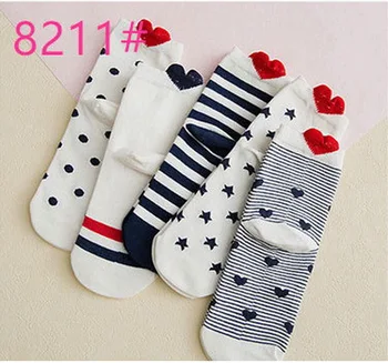 

DHL 200set 5Pairs/set Girls Cotton Colorful Cute Ankle Short Casual Animal Ear Red Heart Socks Gril Socks 35-40
