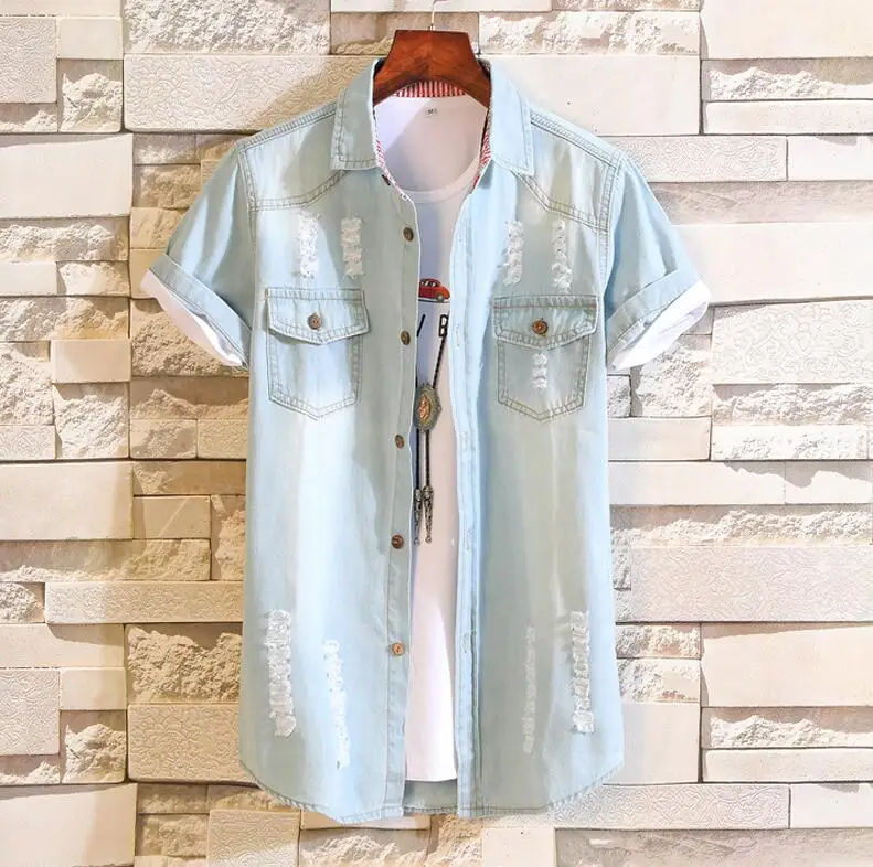 Light Blue KUANGNAN Harajuku стиль джинсовая рубашка мужская уличный с короткими рукавами рубашка мужская мода XXXL Мужская рубашка осень Новинка - Цвет: Light Blue