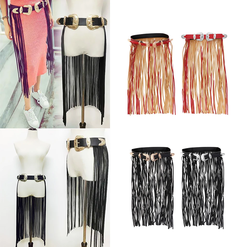 Women Tassels Leather Skirt Summer Fashion Adjusted Belts Long Fringe Dress