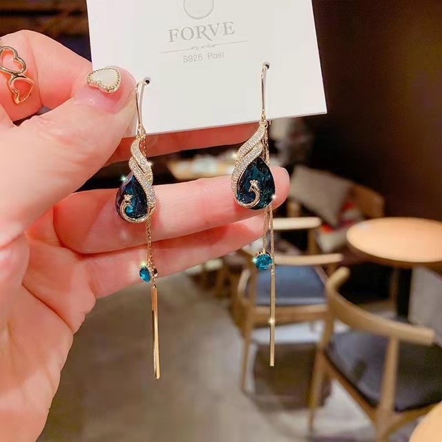 Luxury Exaggerated Blue Peacock Crystal Long Tassel Earrings For Woman 2021 New Fashion Advanced Design Sense Jewelry