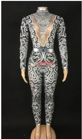 black jumpsuit Лидер продаж, Модный комбинезон с камнями и жемчугом, растягивающийся боди из спандекса для женщин, костюмы певицы, наряд для празднования дня рождения, вечернее платье - Цвет: black jumpsuit