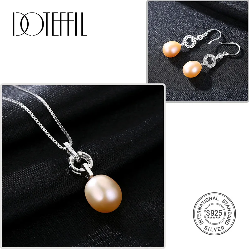 Pink DOTEFFIL Hot Sale Pearl Jewelry Set Earring/Necklace Natural Freshwater Pearl 925 Silver Fine Jewelry For Women Christmas Gifts - Metal color: Pink