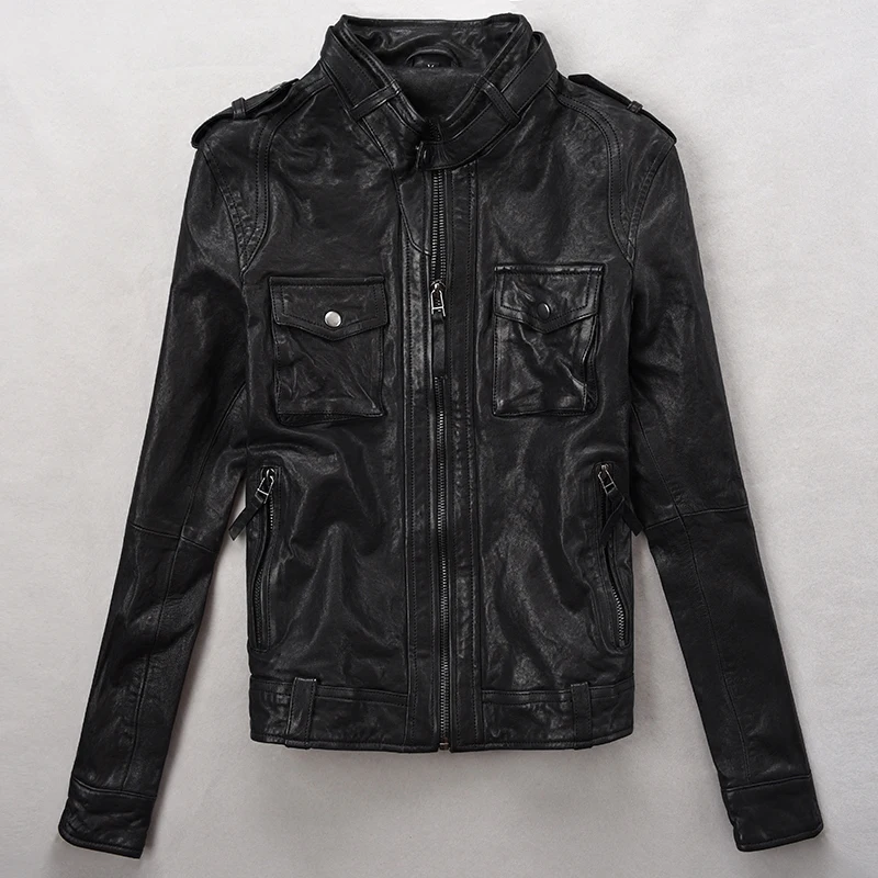 Кожаная мотоциклетная Женская куртка с модными карманами из натуральной овчины