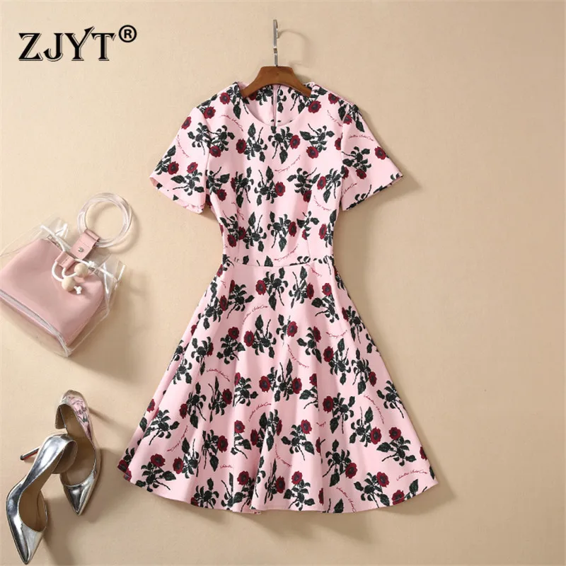 

Young Style Fashion Spring Summer Dress Women High Quality Runway Designer Short Sleeve Rose Floral Print Above Knee Sweet Dress