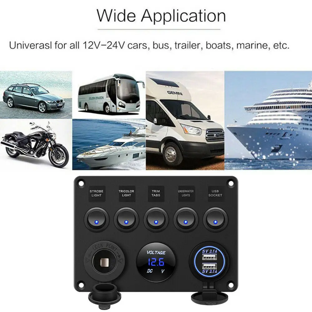 

5 Gang 12V/24V Inline Fuse Box LED Switch Panel Dual USB Car Boat Truck Camper