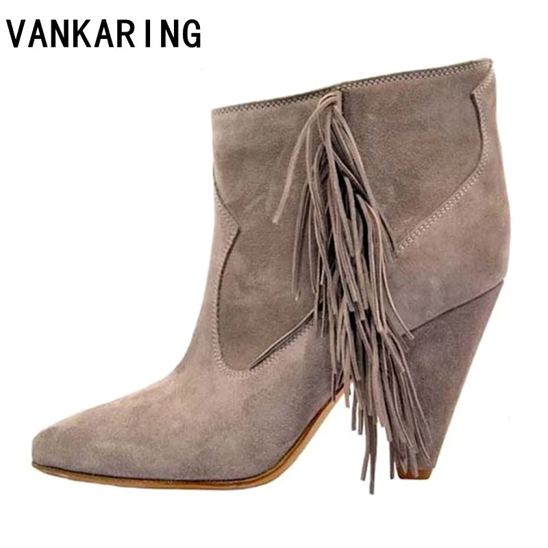 

suede leather black apricot pointed toe ankle boots for women thick high heels fringe tassel short boots ladies bota feminina