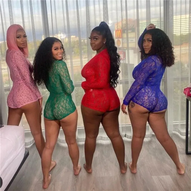 Женский кружевной комбинезон с V-образным вырезом на пуговицах длинным рукавом