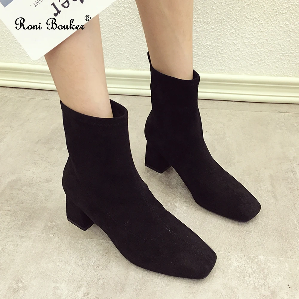 Roni Bouker Autumn Winter High Heels Shoes Woman Square Toe Ankle Boots Women Fashion Flock Leather Booties Female Botas Mujer40