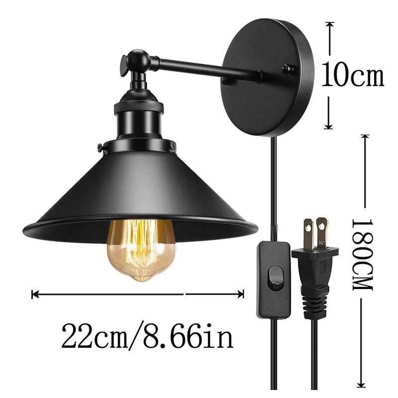 Vinatge Loft Wall Light Industrial Plug in 1.8M Cord Black E27 Living room Bedroom Fixtures wall light led wall lamp
