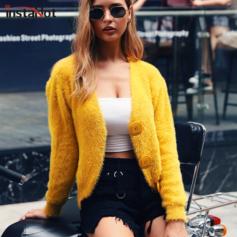 InstaHot свитер из мохера однотонный вязаный кардиган Повседневный однобортный джемпер осень зима оверсайз женский свитер верхняя одежда